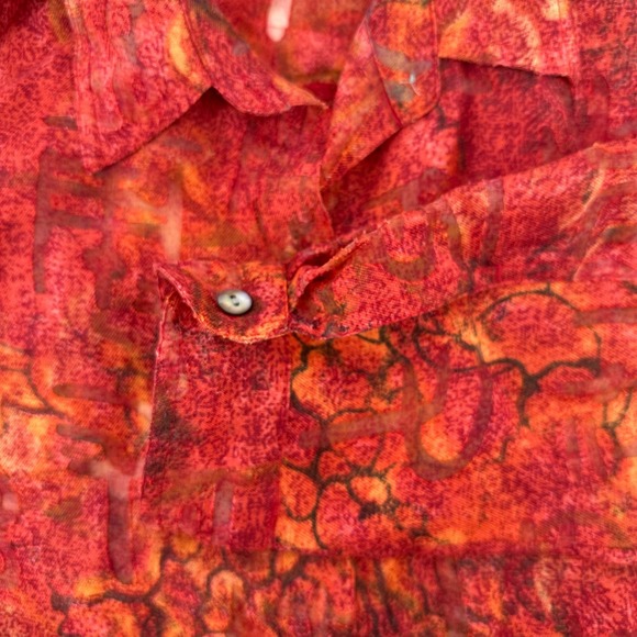 Chicos Red Orange Abstract Print Linen Blend Sheer Button Up Shirt Size 1 US M - Picture 3 of 11